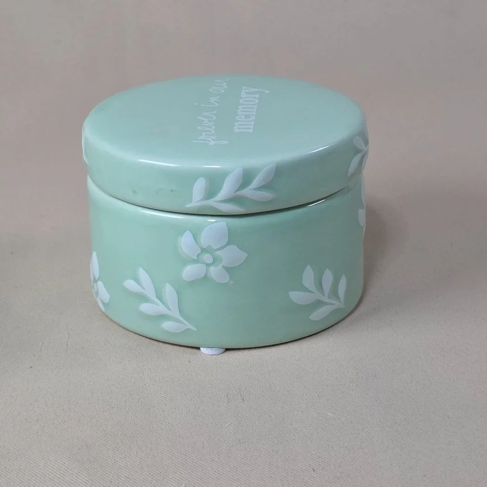 Sandra Magsamen Forever In Our Memory Keepsake Jar Memorial Pet Urn Floral Mint